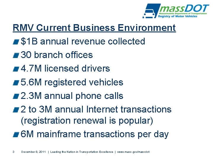 RMV Current Business Environment $1 B annual revenue collected 30 branch offices 4. 7