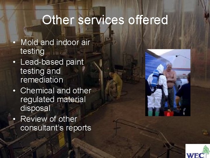 Other services offered • Mold and indoor air testing • Lead-based paint testing and