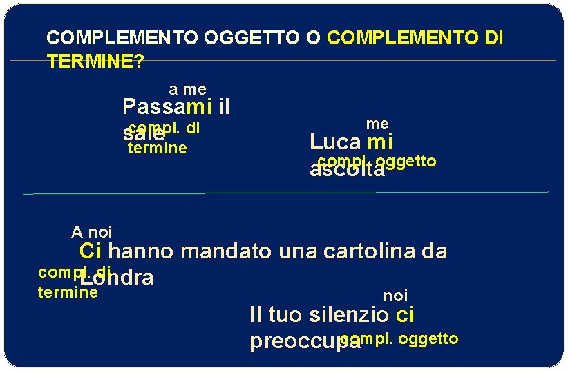 COMPLEMENTO OGGETTO O COMPLEMENTO DI TERMINE? a me Passami il compl. di sale termine