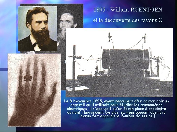 1895 - Wilhem ROENTGEN et la découverte des rayons X Professeur prussien, directeur de