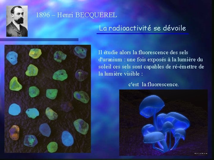 1896 – Henri BECQUEREL La radioactivité se dévoile Il étudie alors la fluorescence des