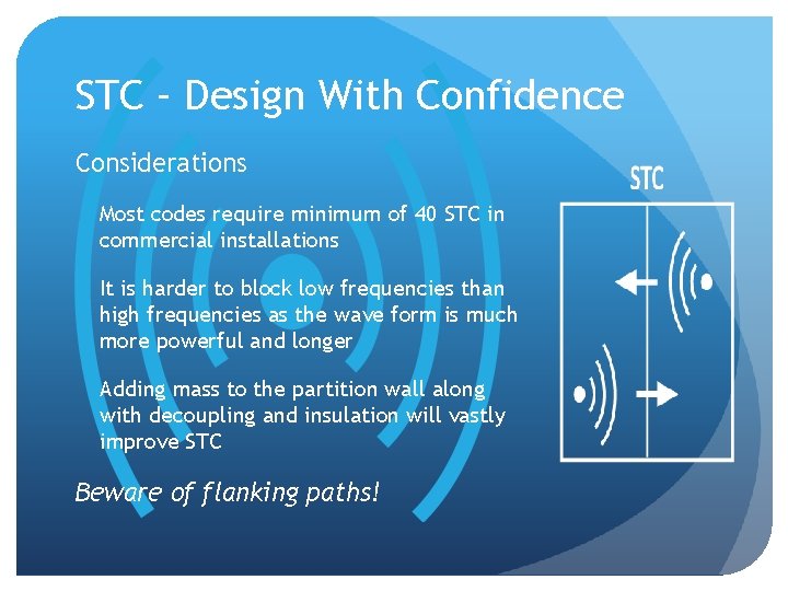 STC – Design With Confidence Considerations Most codes require minimum of 40 STC in