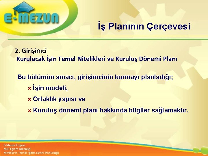 İş Planının Çerçevesi 2. Girişimci Kurulacak İşin Temel Nitelikleri ve Kuruluş Dönemi Planı Bu