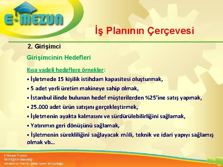 İş Planının Çerçevesi 2. Girişimcinin Hedefleri Kısa vadeli hedeflere örnekler: § İşletmede 15 kişilik