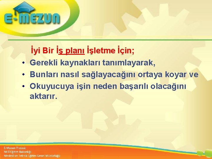 İyi Bir İş planı İşletme İçin; • Gerekli kaynakları tanımlayarak, • Bunları nasıl sağlayacağını