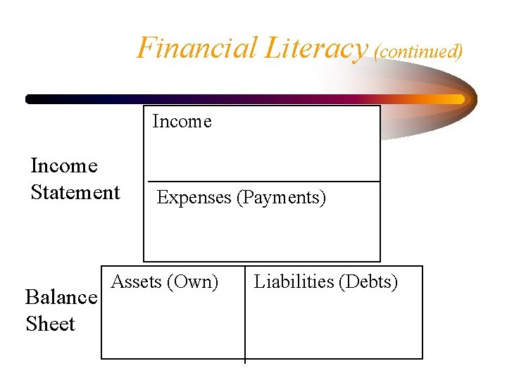 Financial Literacy (continued) Income Statement Balance Sheet Expenses (Payments) Assets (Own) Liabilities (Debts) 