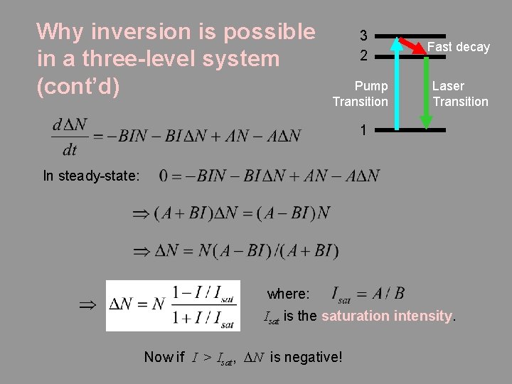 Why inversion is possible in a three-level system (cont’d) 3 2 Fast decay Pump