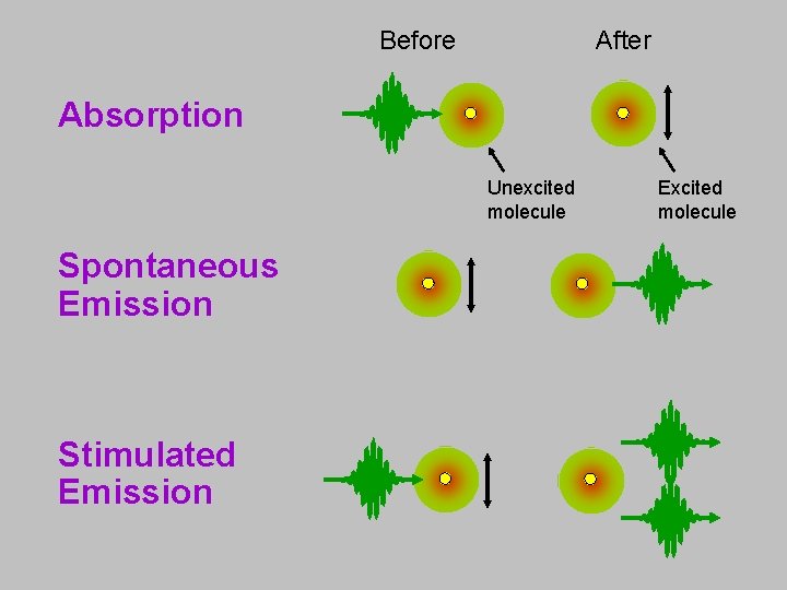 Before After Absorption Unexcited molecule Spontaneous Emission Stimulated Emission Excited molecule 