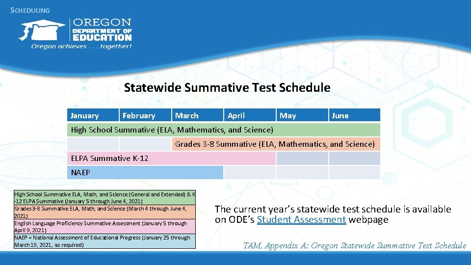 SCHEDULING Statewide Summative Test Schedule January February March April May June High School Summative SCHEDULING Statewide Summative Test Schedule January February March April May June High School Summative