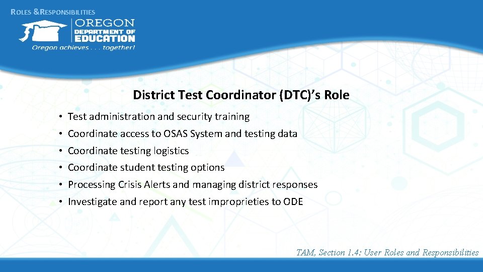 ROLES &RESPONSIBILITIES District Test Coordinator (DTC)’s Role • Test administration and security training • ROLES &RESPONSIBILITIES District Test Coordinator (DTC)’s Role • Test administration and security training •
