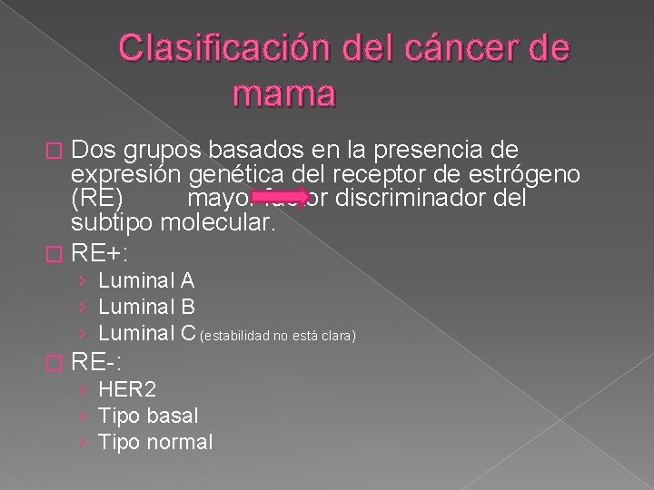 Clasificación del cáncer de mama Dos grupos basados en la presencia de expresión genética