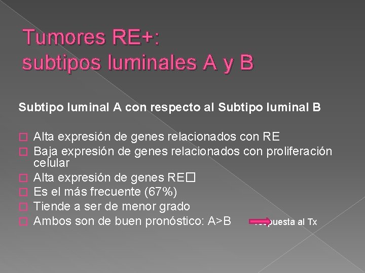 Tumores RE+: subtipos luminales A y B Subtipo luminal A con respecto al Subtipo