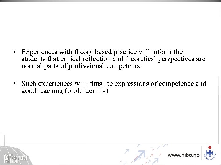• Experiences with theory based practice will inform the students that critical reflection • Experiences with theory based practice will inform the students that critical reflection