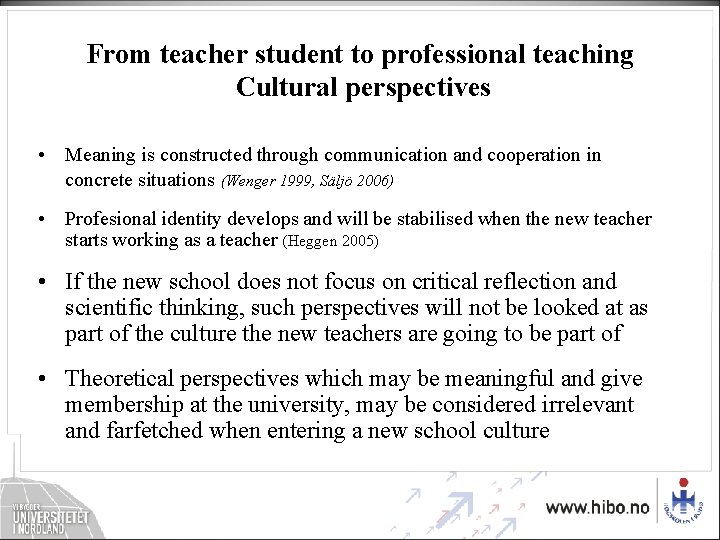 From teacher student to professional teaching Cultural perspectives • Meaning is constructed through communication From teacher student to professional teaching Cultural perspectives • Meaning is constructed through communication
