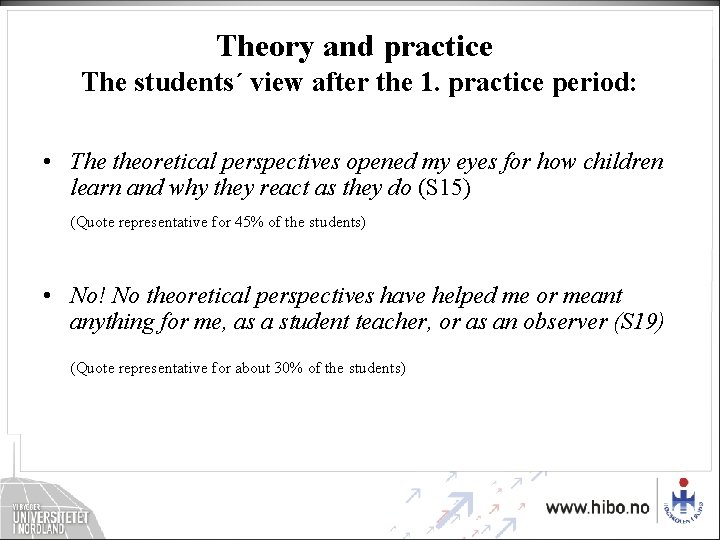 Theory and practice The students´ view after the 1. practice period: • The theoretical Theory and practice The students´ view after the 1. practice period: • The theoretical