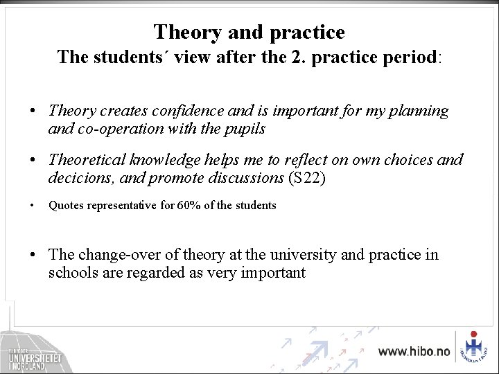 Theory and practice The students´ view after the 2. practice period: • Theory creates Theory and practice The students´ view after the 2. practice period: • Theory creates