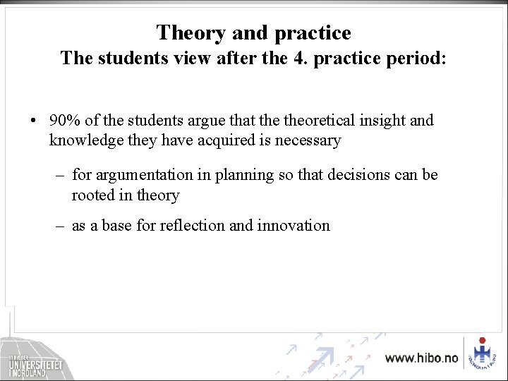 Theory and practice The students view after the 4. practice period: • 90% of Theory and practice The students view after the 4. practice period: • 90% of