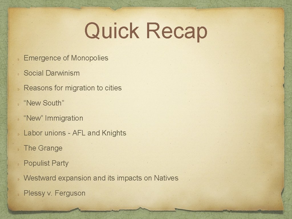 Quick Recap Emergence of Monopolies Social Darwinism Reasons for migration to cities “New South” Quick Recap Emergence of Monopolies Social Darwinism Reasons for migration to cities “New South”