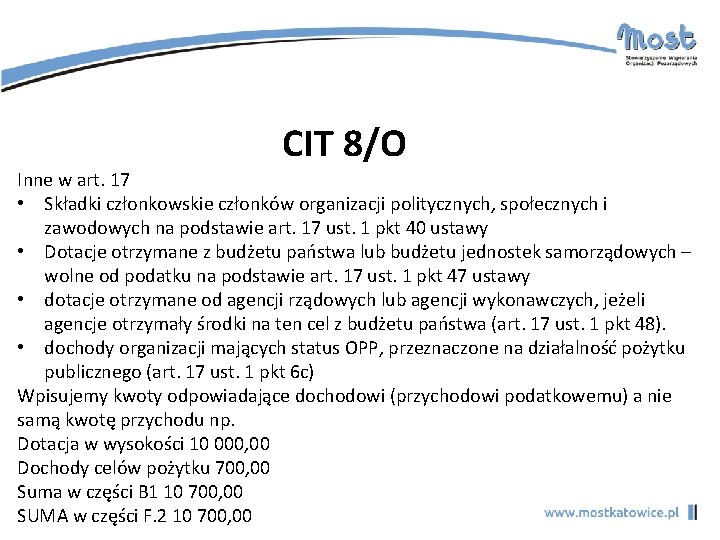 CIT 8/O Inne w art. 17 • Składki członkowskie członków organizacji politycznych, społecznych i