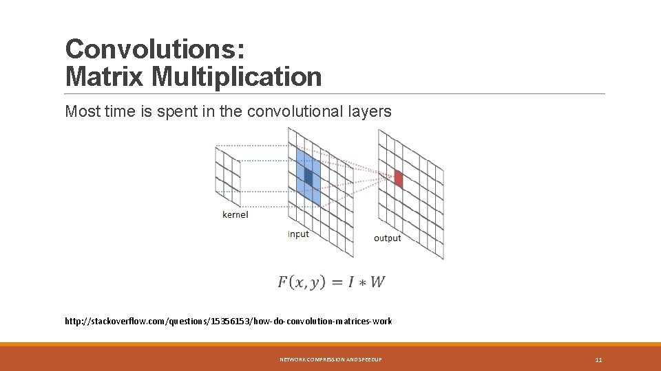 Convolutions: Matrix Multiplication Most time is spent in the convolutional layers http: //stackoverflow. com/questions/15356153/how-do-convolution-matrices-work