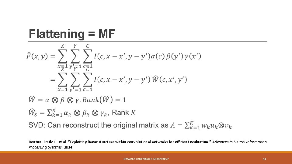 Flattening = MF Denton, Emily L. , et al. "Exploiting linear structure within convolutional