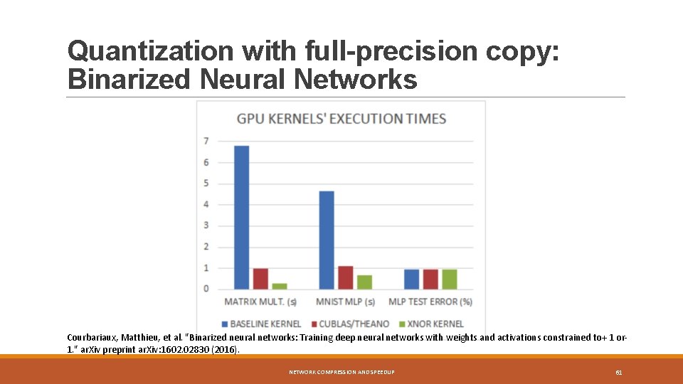 Quantization with full-precision copy: Binarized Neural Networks Courbariaux, Matthieu, et al. "Binarized neural networks: