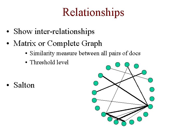 Relationships • Show inter-relationships • Matrix or Complete Graph • Similarity measure between all