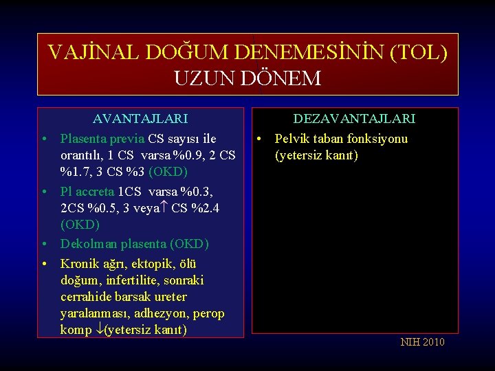 VAJİNAL DOĞUM DENEMESİNİN (TOL) UZUN DÖNEM • • AVANTAJLARI Plasenta previa CS sayısı ile VAJİNAL DOĞUM DENEMESİNİN (TOL) UZUN DÖNEM • • AVANTAJLARI Plasenta previa CS sayısı ile