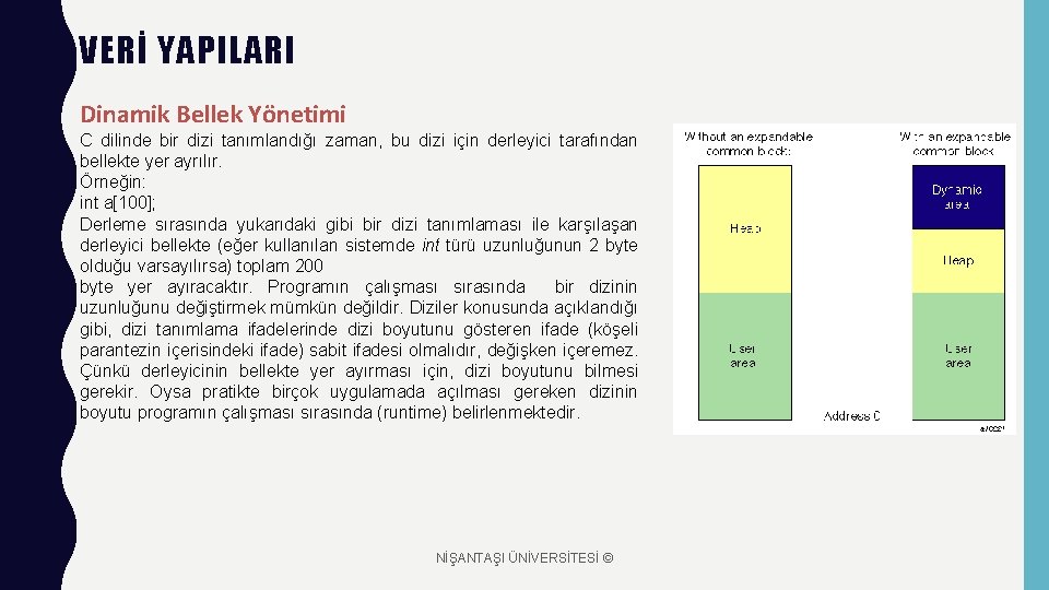 VERİ YAPILARI Dinamik Bellek Yönetimi C dilinde bir dizi tanımlandığı zaman, bu dizi için