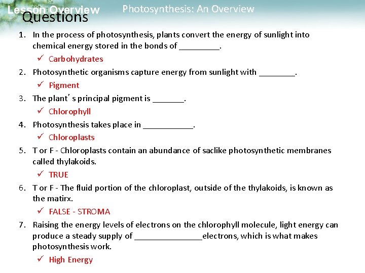 Lesson Overview Questions Photosynthesis: An Overview 1. In the process of photosynthesis, plants convert