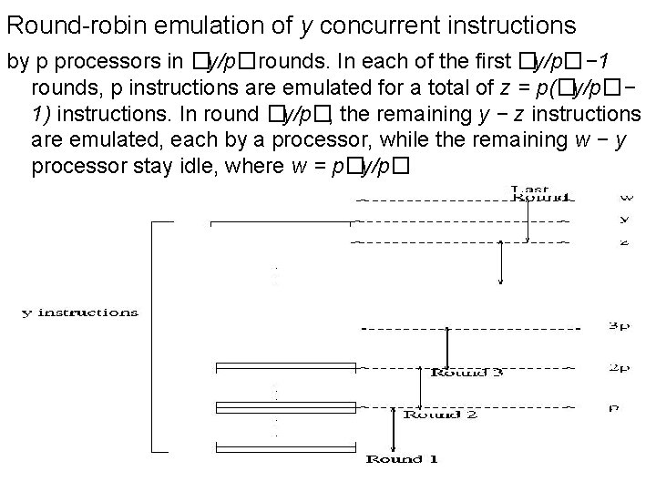 Round-robin emulation of y concurrent instructions by p processors in �y/p�rounds. In each of