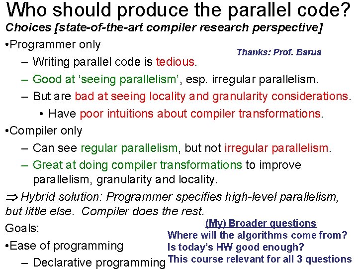Who should produce the parallel code? Choices [state-of-the-art compiler research perspective] • Programmer only