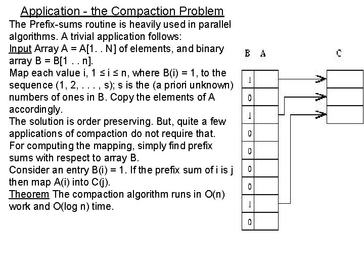 Application - the Compaction Problem The Prefix-sums routine is heavily used in parallel algorithms.