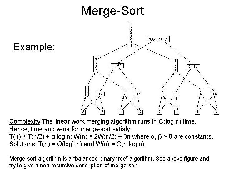 Merge-Sort Example: Complexity The linear work merging algorithm runs in O(log n) time. Hence,