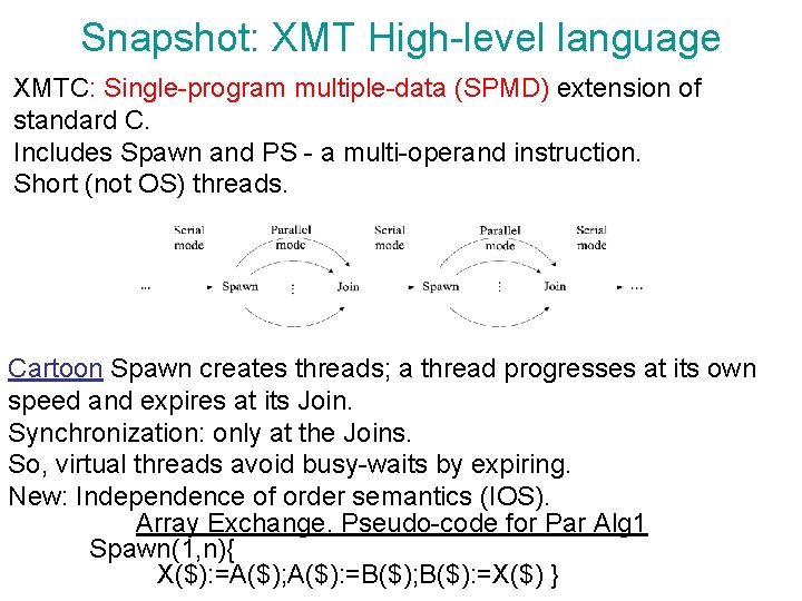 Snapshot: XMT High-level language XMTC: Single-program multiple-data (SPMD) extension of standard C. Includes Spawn
