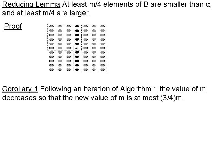 Reducing Lemma At least m/4 elements of B are smaller than α, and at