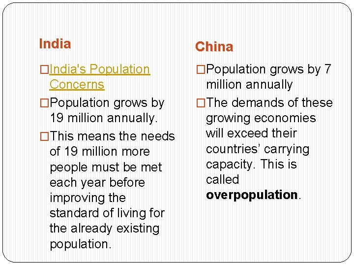 India China �India's Population �Population grows by 7 Concerns �Population grows by 19 million