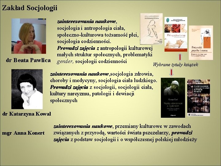 Zakład Socjologii dr Beata Pawlica zainteresowania naukowe, socjologia i antropologia ciała, społeczno-kulturowa tożsamość płci,