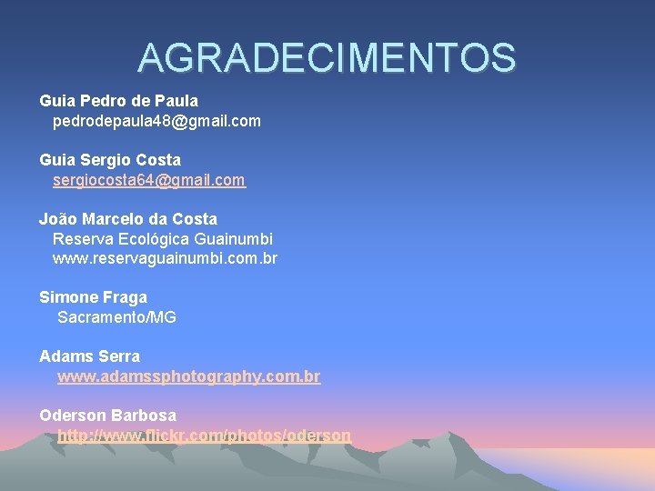 AGRADECIMENTOS Guia Pedro de Paula pedrodepaula 48@gmail. com Guia Sergio Costa sergiocosta 64@gmail. com