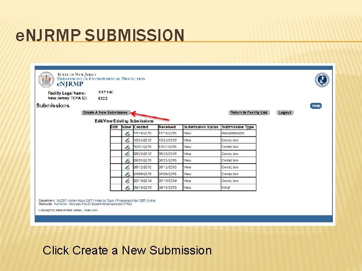 e. NJRMP SUBMISSION Click Create a New Submission 