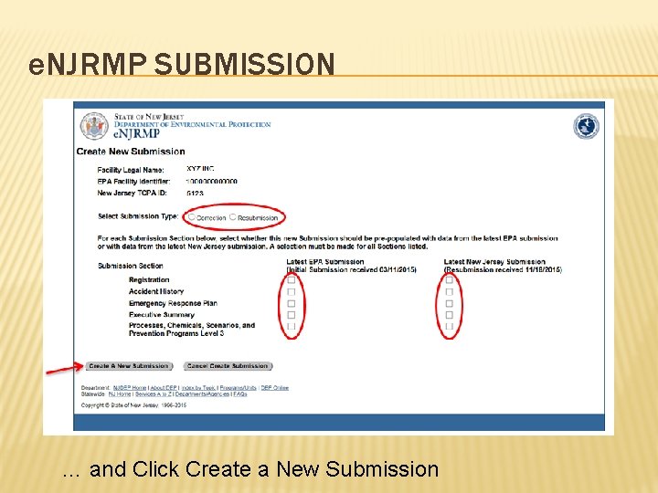 e. NJRMP SUBMISSION … and Click Create a New Submission 