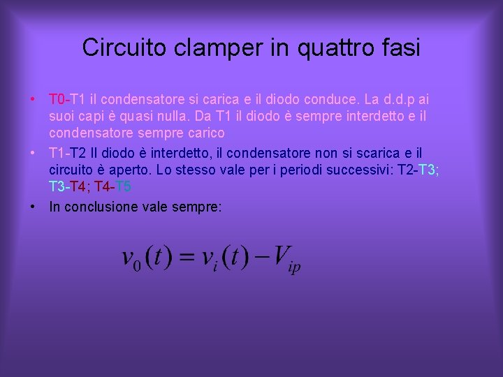 Circuito clamper in quattro fasi • T 0 -T 1 il condensatore si carica Circuito clamper in quattro fasi • T 0 -T 1 il condensatore si carica