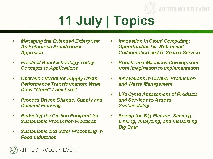 11 July | Topics • Managing the Extended Enterprise: An Enterprise Architecture Approach • 11 July | Topics • Managing the Extended Enterprise: An Enterprise Architecture Approach •