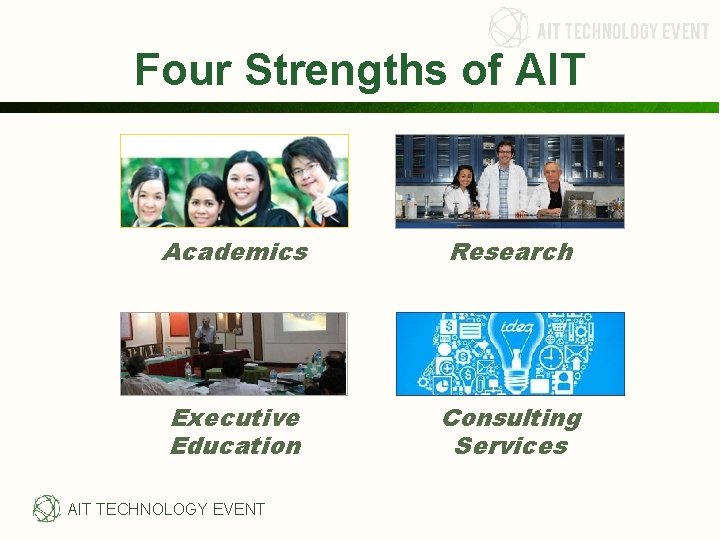 Four Strengths of AIT Academics Research Executive Education Consulting Services AIT TECHNOLOGY EVENT Four Strengths of AIT Academics Research Executive Education Consulting Services AIT TECHNOLOGY EVENT