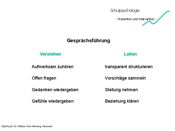 Schulpsychologie - Prävention und Intervention - Gesprächsführung Verstehen Leiten Aufmerksam zuhören transparent strukturieren Offen Schulpsychologie - Prävention und Intervention - Gesprächsführung Verstehen Leiten Aufmerksam zuhören transparent strukturieren Offen