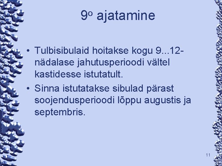 9 o ajatamine • Tulbisibulaid hoitakse kogu 9. . . 12 nädalase jahutusperioodi vältel