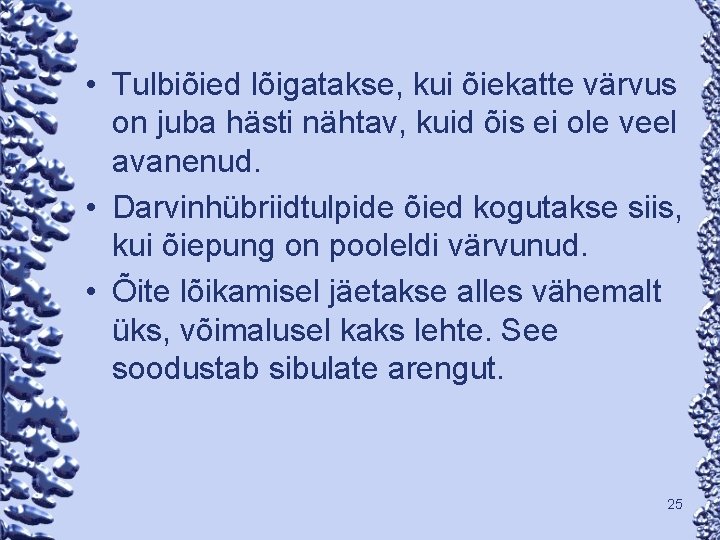  • Tulbiõied lõigatakse, kui õiekatte värvus on juba hästi nähtav, kuid õis ei