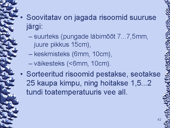  • Soovitatav on jagada risoomid suuruse järgi: – suurteks (pungade läbimõõt 7. .