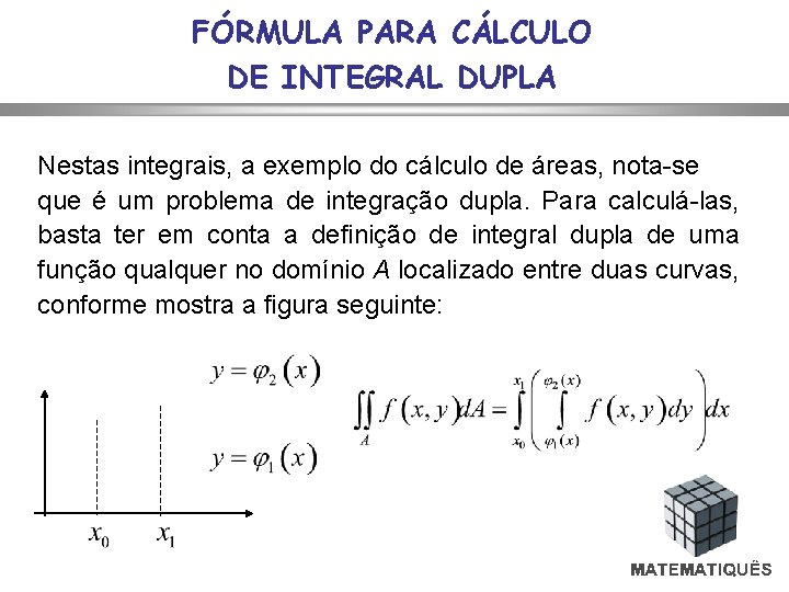 FÓRMULA PARA CÁLCULO DE INTEGRAL DUPLA Nestas integrais, a exemplo do cálculo de áreas,