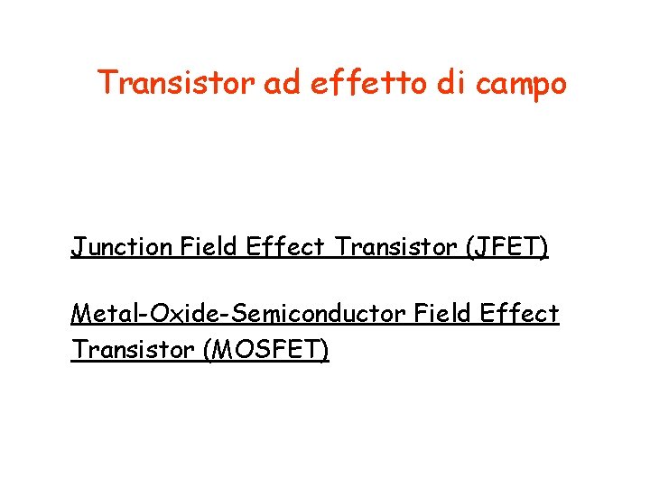 Transistor ad effetto di campo Junction Field Effect Transistor (JFET) Metal-Oxide-Semiconductor Field Effect Transistor Transistor ad effetto di campo Junction Field Effect Transistor (JFET) Metal-Oxide-Semiconductor Field Effect Transistor